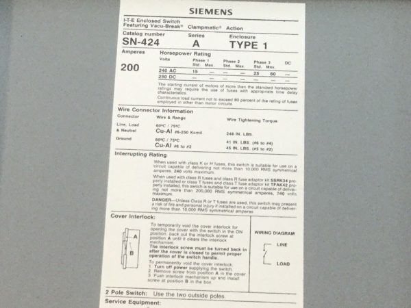 Siemens SN424 Safety Switch 200A 240Vac - Image 10