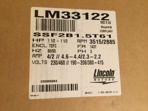 Lincoln Motors SSF2B1.5T61 Motor LM33122, 1-1/2HP