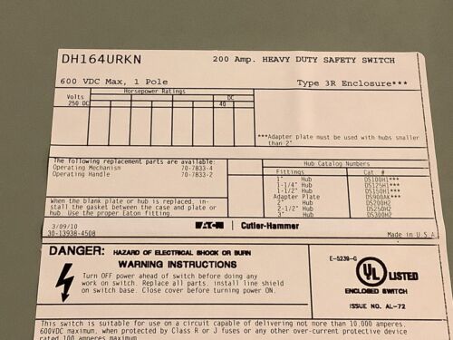 Eaton Cutler Hammer DH164URKN Heavy Duty Safety Switch 200A 600V - Image 5